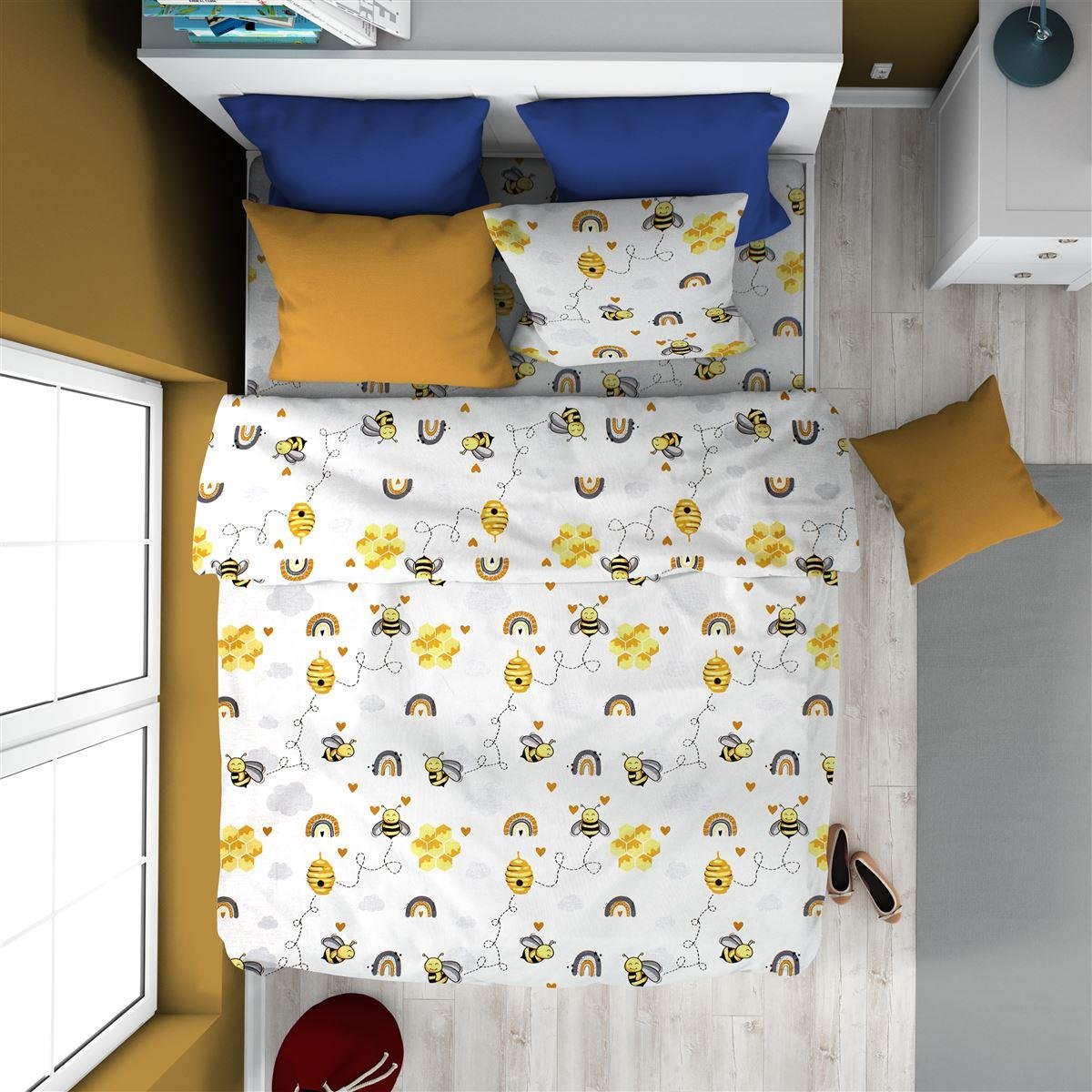 0006138_SKU_32111123031 ΠΑΠΛΩΜΑ ΕΜΠΡΙΜΕ kids Honey Bee 545 160X240 White-Yellow 100% Cotton - Image 1