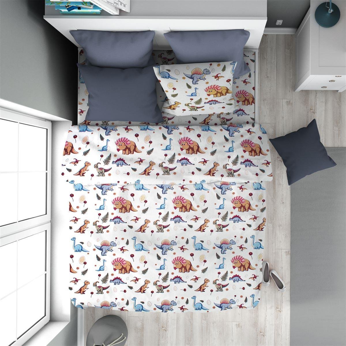 0009183_SKU_32110823060 Παπλωματοθήκη Εμπριμέ kids Dinosaur 519 160X240 White-Blue 100% Cotton - Image 1
